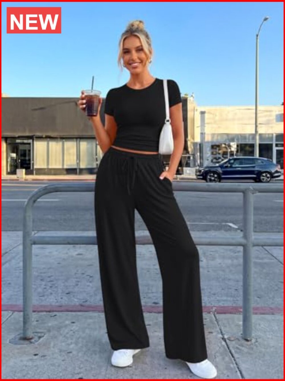 2 Piece Lounge Set with Side Ruching Top and Wide Leg Pants with Pockets - Picture 2 of 7